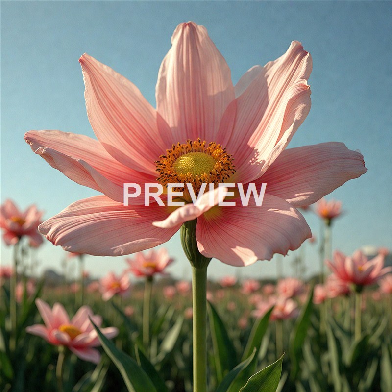 A close-up of a pink flower with delicate petals and a yellow-green center, set against a background of other similar flowers and a clear blue sky.